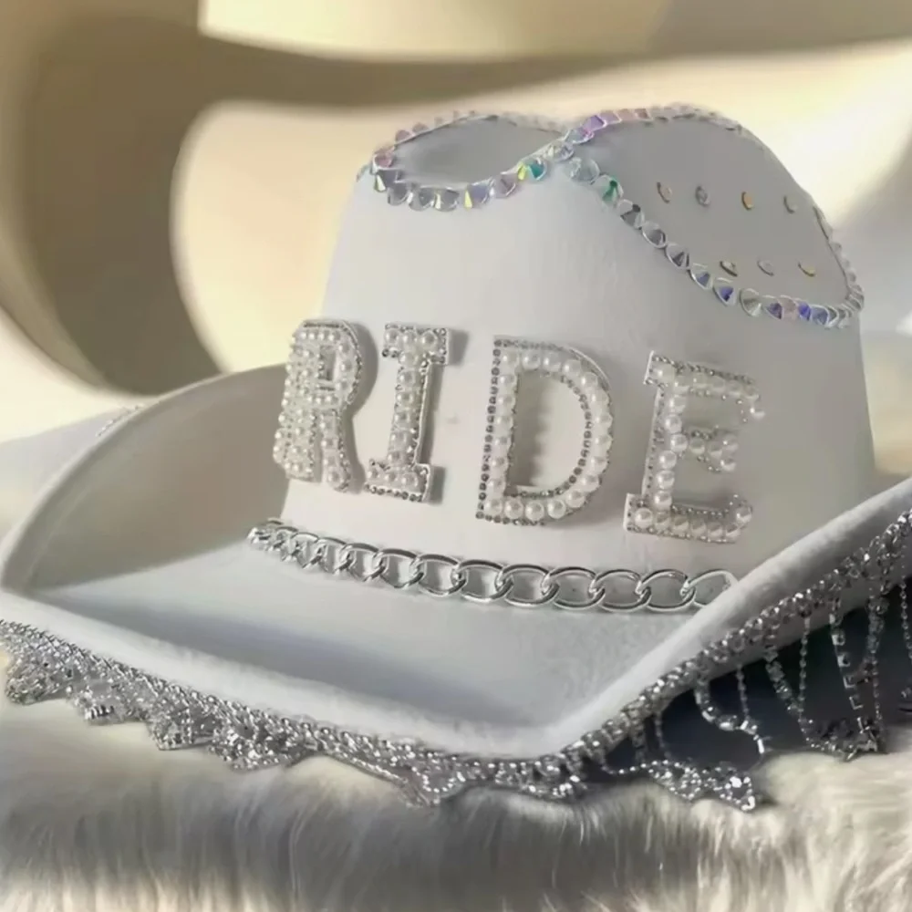 Quality White BRIDE Pearl Accent AB Rhinestones Chain Fringe Western Cowboy Hat
